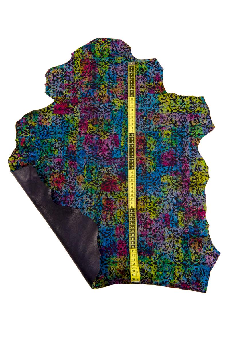 Multicolor FLORAL textured leather skin, colorful flower print on black suede goatskin, ideal for crafting B17088-ST La Garzarara