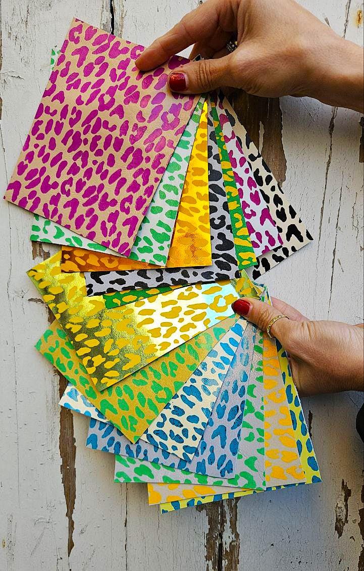 Vibrant cheetah and leopard Scraps, Printed pieces Leather for DIY - bright animal print colors random from picture 6x5" / 15x12 cm RT259