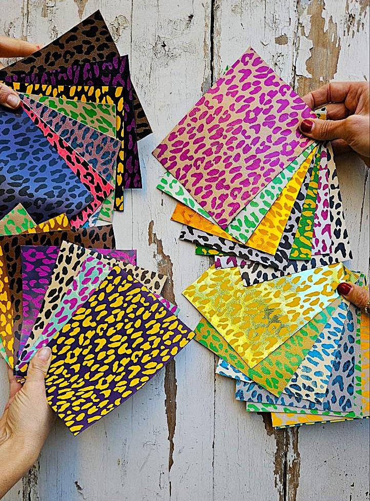 Vibrant cheetah and leopard Scraps, Printed pieces Leather for DIY - bright animal print colors random from picture 6x5" / 15x12 cm RT259
