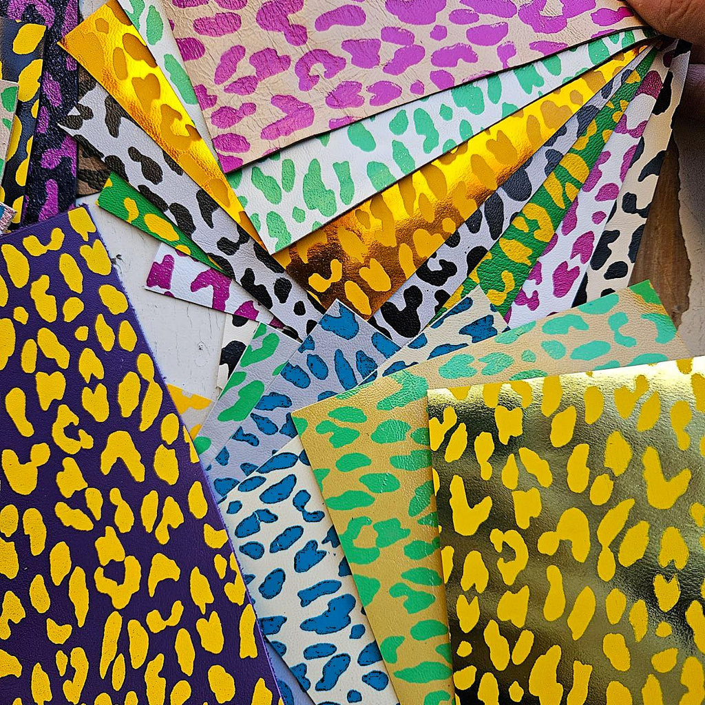 Vibrant cheetah and leopard Scraps, Printed pieces Leather for DIY - bright animal print colors random from picture 6x5" / 15x12 cm RT259