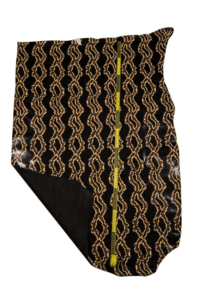 Designer Reptile Leather, Black Python Pattern, Ivory Details, Genuine Italian Leather for Bags, Belts and Small Leather Goods B17106-ST