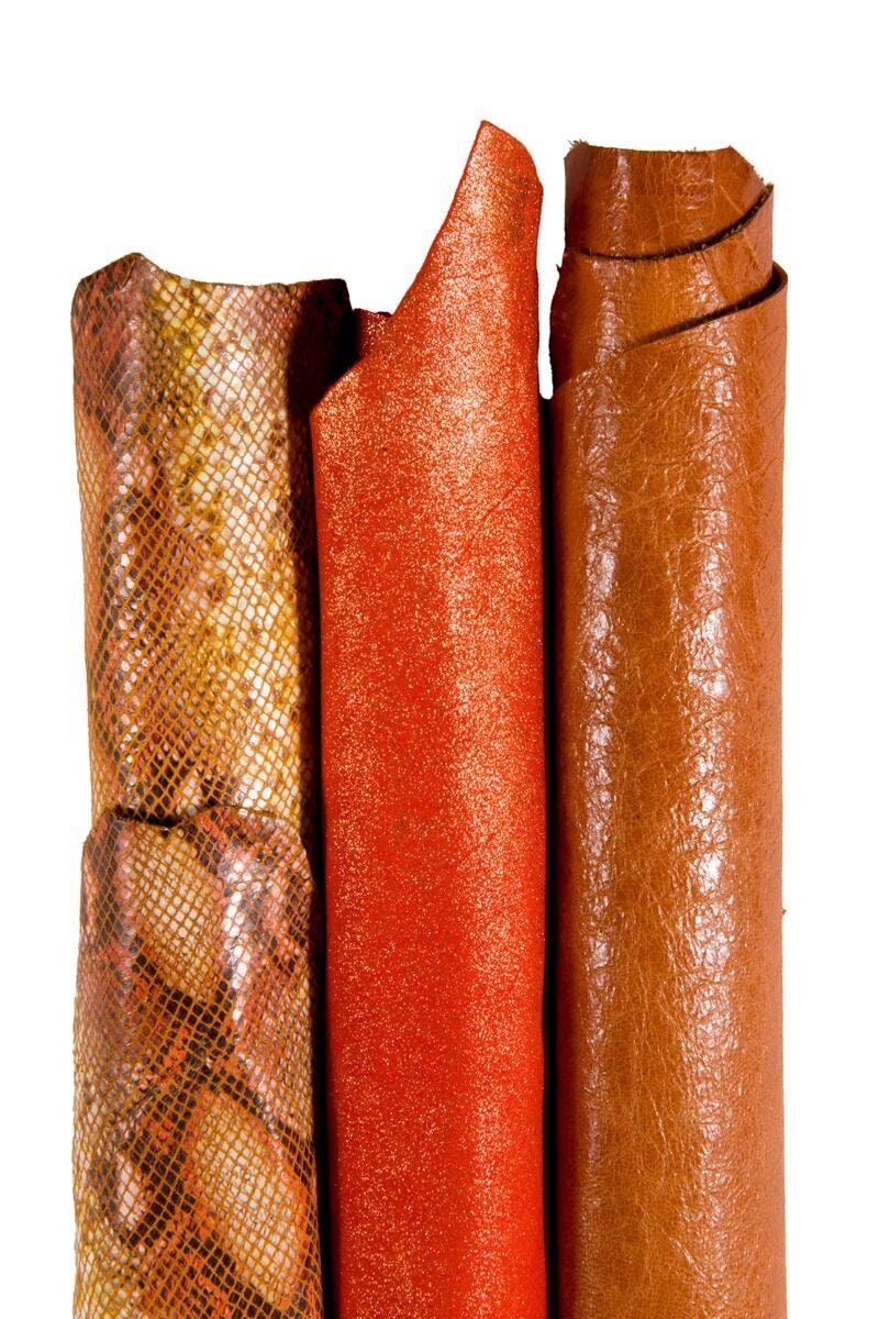 Bundle Orange leather skins, Orange metallic textured Leather Hides for Bags, Wallets & Crafts, set of 3 skins B17122-MT La Garzarara