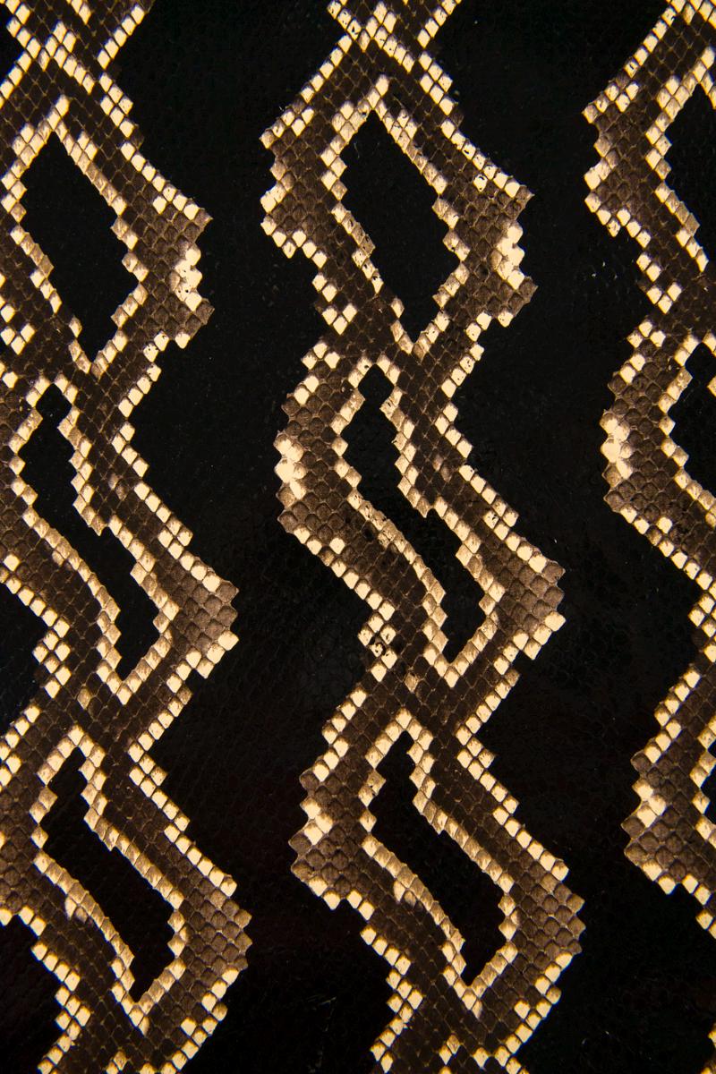 Designer Reptile Leather, Black Python Pattern, Ivory Details, Genuine Italian Leather for Bags, Belts and Small Leather Goods B17106-ST