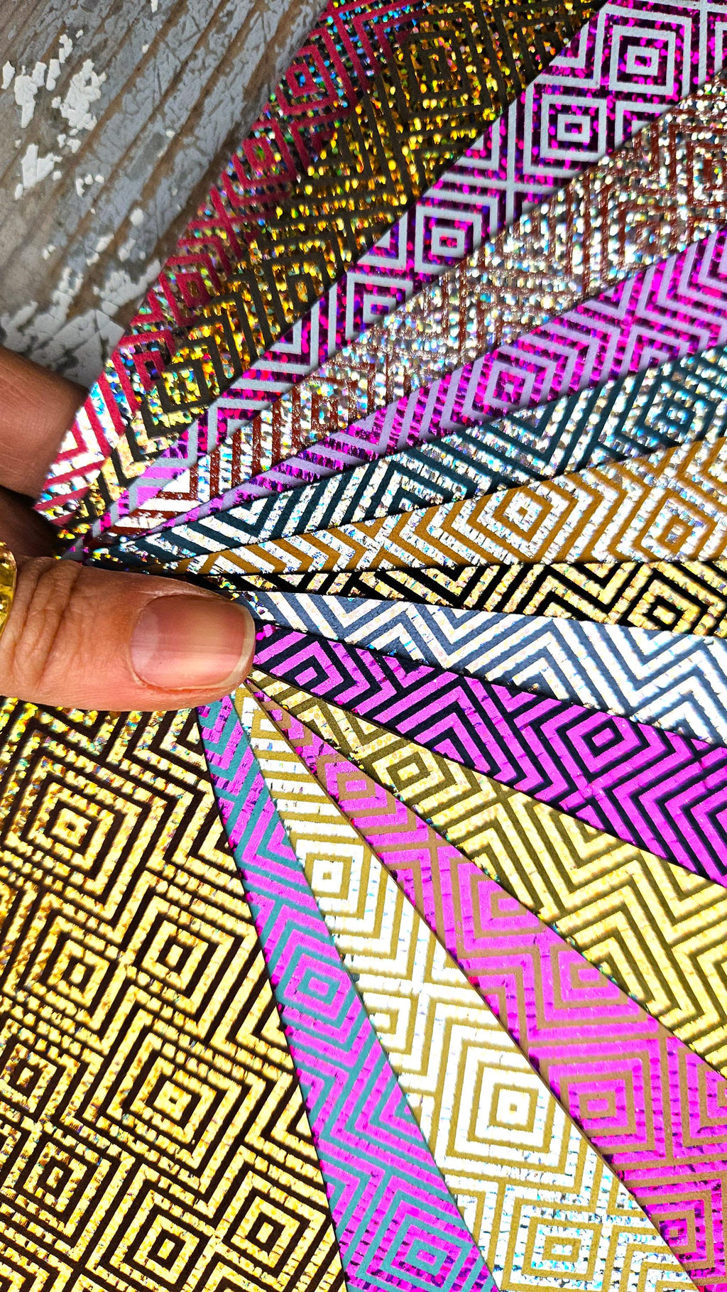 Geometric Leather Scraps, Metallic Foil Pattern Offcuts, Colorful Diamond Print Leather Pieces 6x5" / 15x12 cm RT263