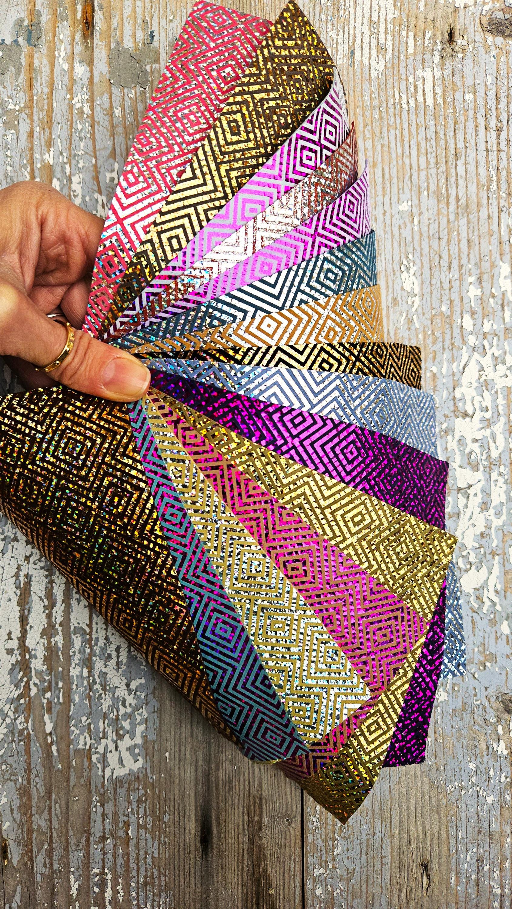 Geometric Leather Scraps, Metallic Foil Pattern Offcuts, Colorful Diamond Print Leather Pieces 6x5" / 15x12 cm RT263