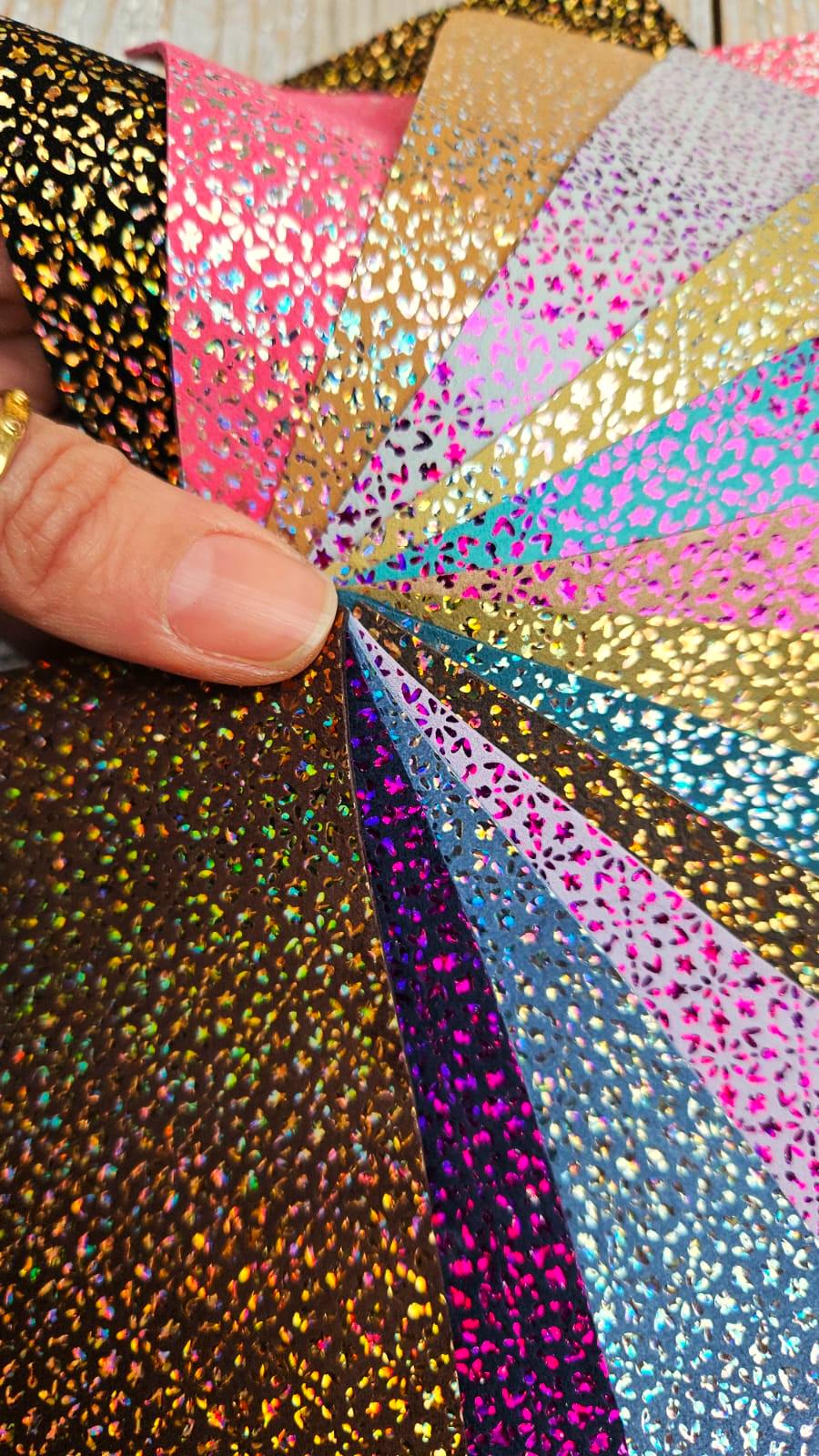 Metallic Glitter Leather scraps, Micro FLOWER Printed Offcuts, 10 random iridescent pieces 6x5" / 12x15 cm RT264