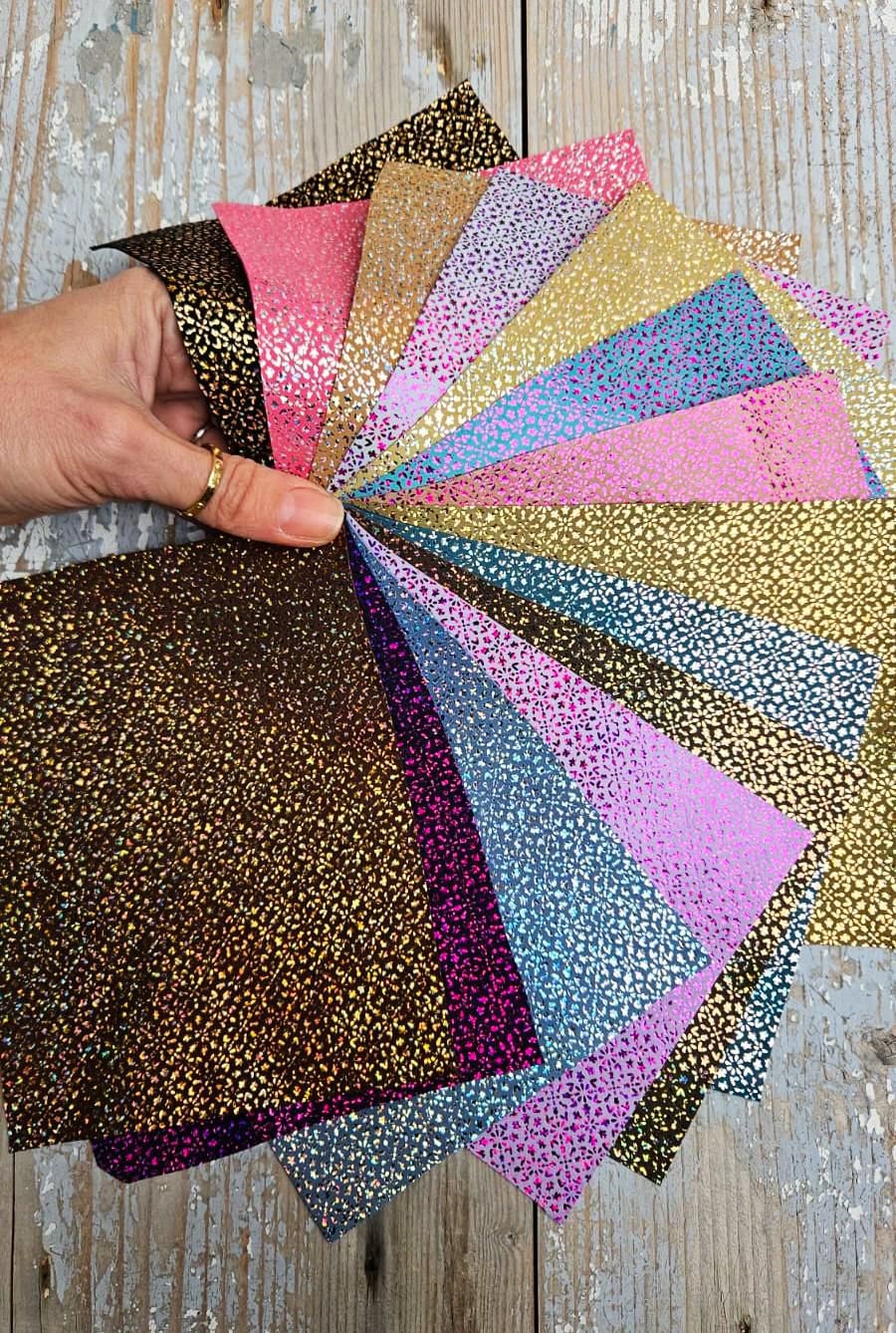 Metallic Glitter Leather scraps, Micro FLOWER Printed Offcuts, 10 random iridescent pieces 6x5" / 12x15 cm RT264