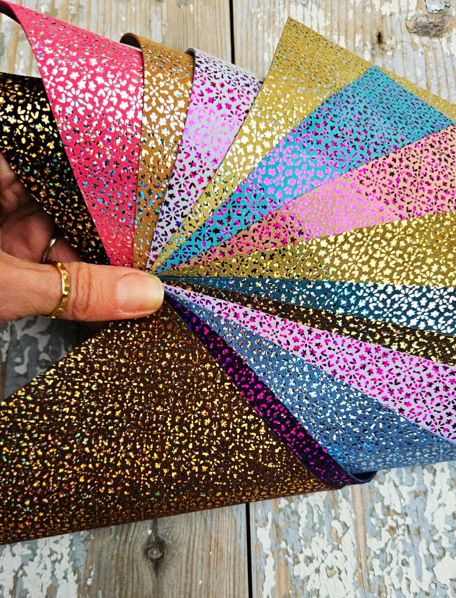 Metallic Glitter Leather scraps, Micro FLOWER Printed Offcuts, 10 random iridescent pieces 6x5" / 12x15 cm RT264