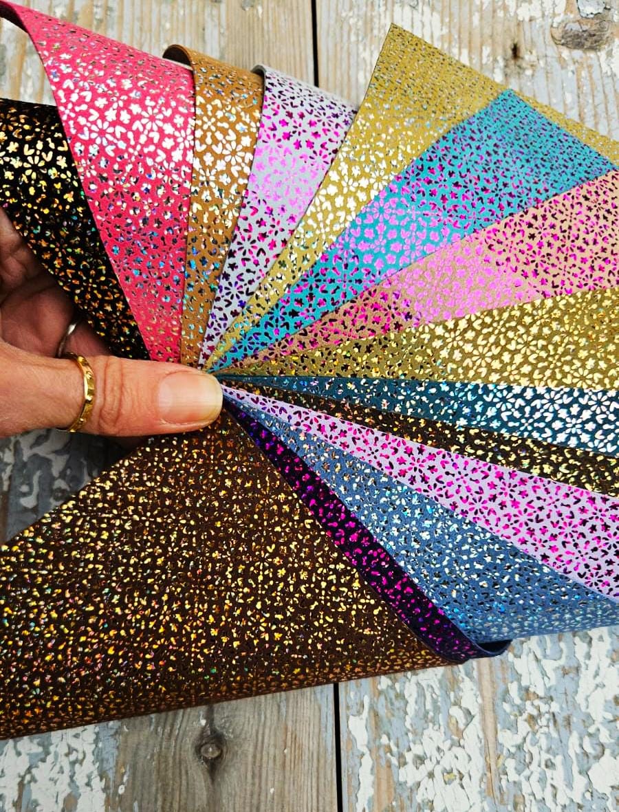 Metallic Glitter Leather scraps, Micro FLOWER Printed Offcuts, 10 random iridescent pieces 6x5" / 12x15 cm RT264
