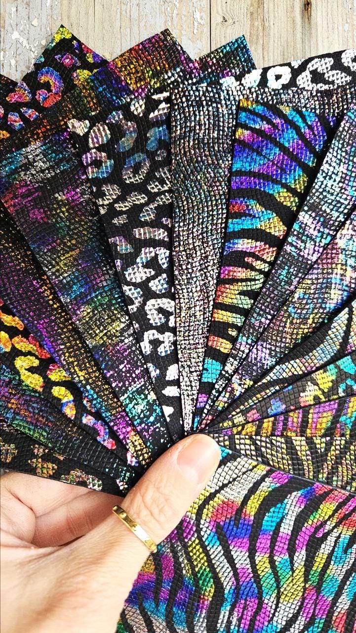 Prismatic Leather Scraps, Holographic Iridescent Offcuts, Rainbow Metallic Animal Print Leather 6x5" / 15x12 cm RT76/B