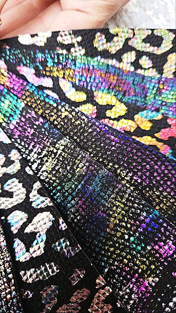 Prismatic Leather Scraps, Holographic Iridescent Offcuts, Rainbow Metallic Animal Print Leather 6x5" / 15x12 cm RT76/B