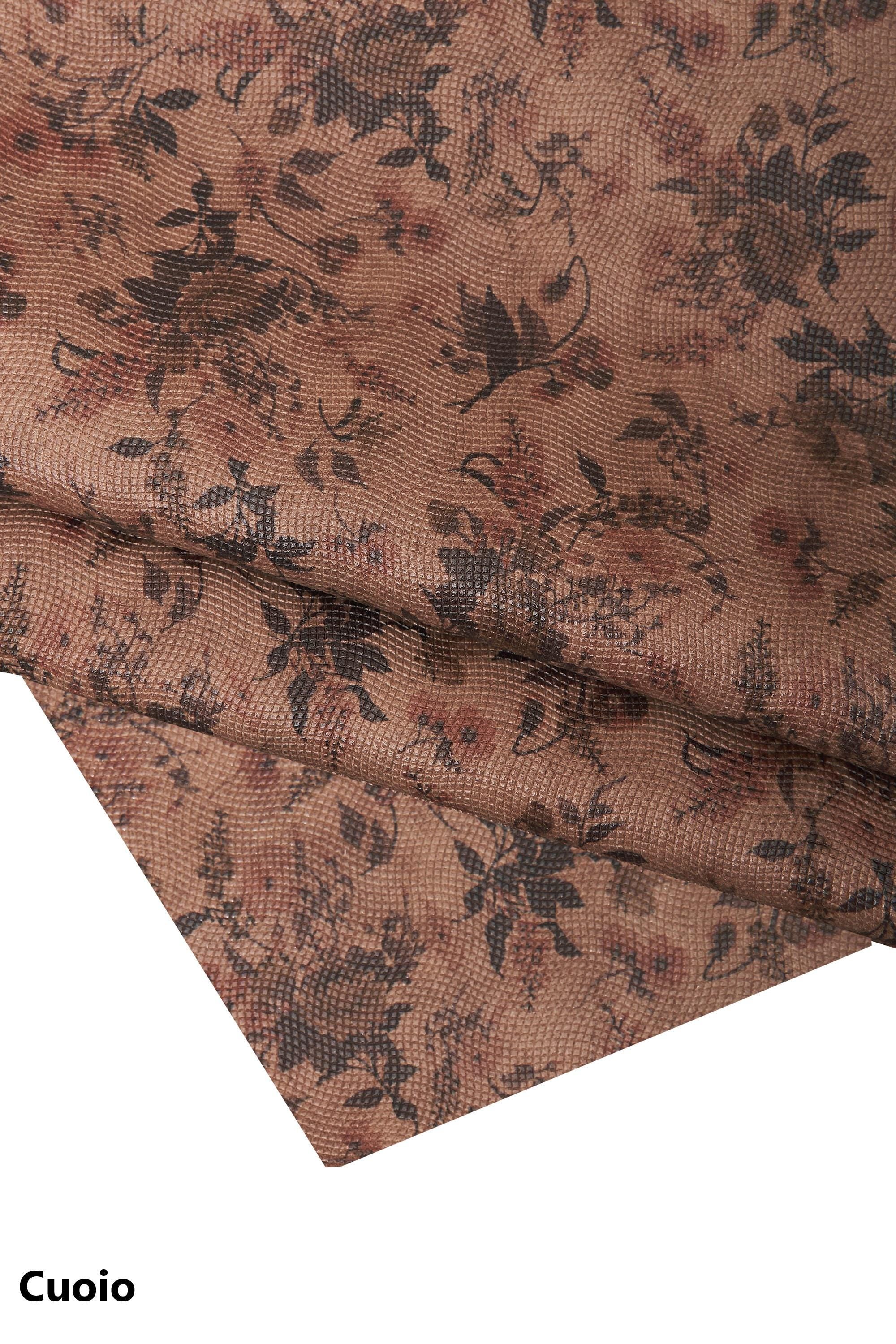 Vintage floral printed leather hide, flower pattern micro grain green skin, retro style leather for bags craft B16550-ST