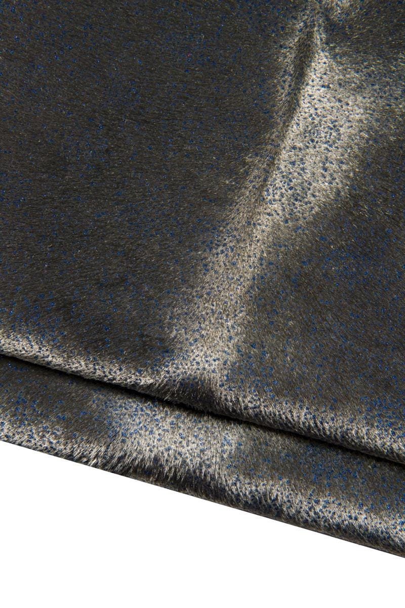 METALLIC hair on leather hide, blue GLITTER print on steel metal pony calfskin, luxurious hairy cowhide for crafting B17098-CV La Garzarara