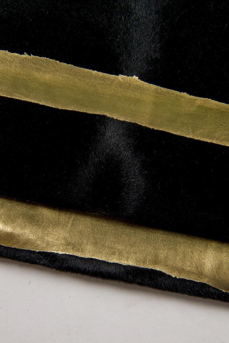 Black Hair-on Leather with Gold Stripes, Zebra Print Ponyskin Leather, Genuine pony hair Leather hide for Accessories B17092-CV La Garzarara