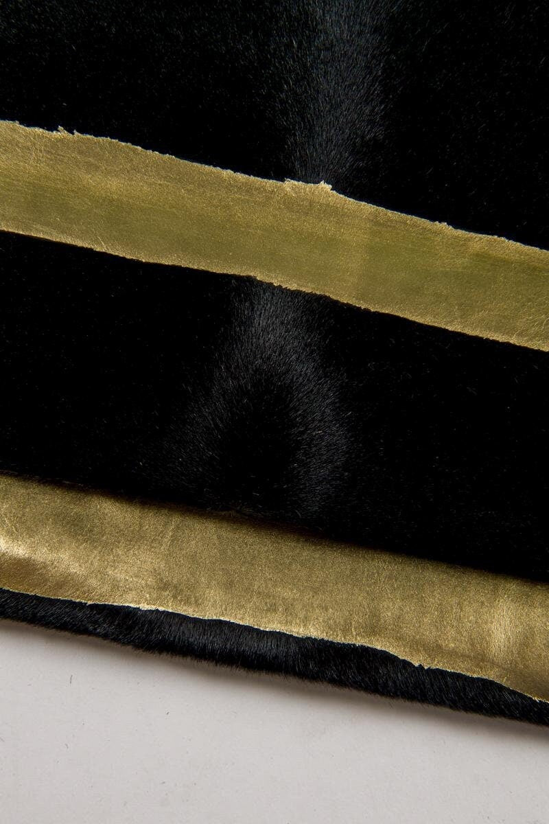 Black Hair-on Leather with Gold Stripes, Zebra Print Ponyskin Leather, Genuine pony hair Leather hide for Accessories B17092-CV La Garzarara