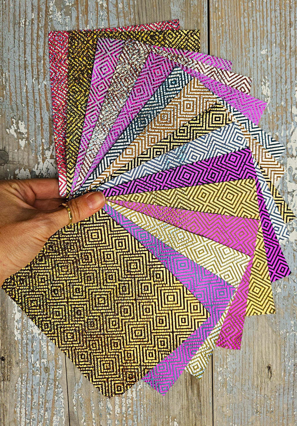 Geometric Leather Scraps, Metallic Foil Pattern Offcuts, Colorful Diamond Print Leather Pieces 6x5" / 15x12 cm RT263