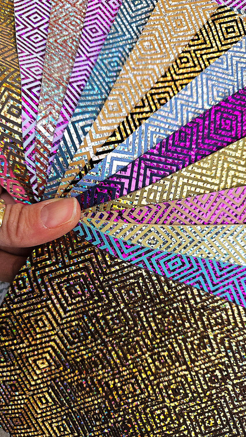 Geometric Leather Scraps, Metallic Foil Pattern Offcuts, Colorful Diamond Print Leather Pieces 6x5" / 15x12 cm RT263