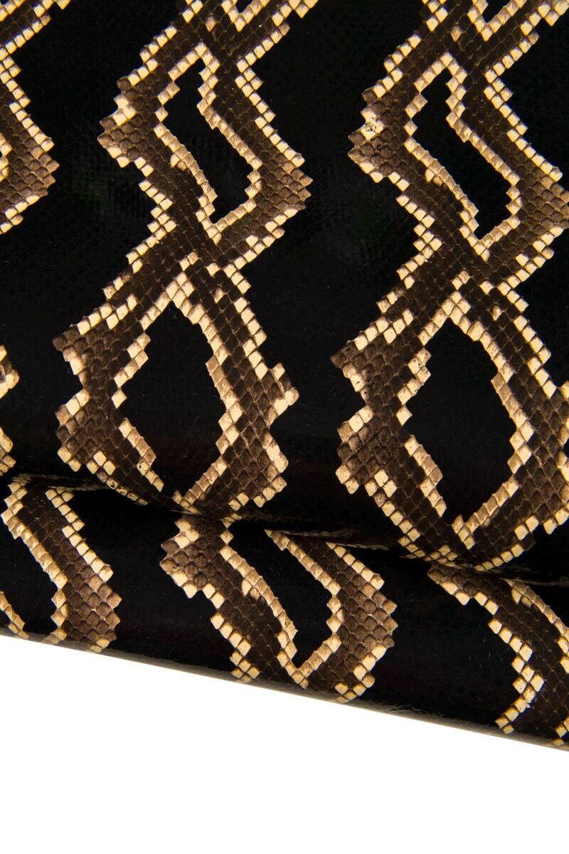 Designer Reptile Leather, Black Python Pattern, Ivory Details, Genuine Italian Leather for Bags, Belts and Small Leather Goods B17106-ST
