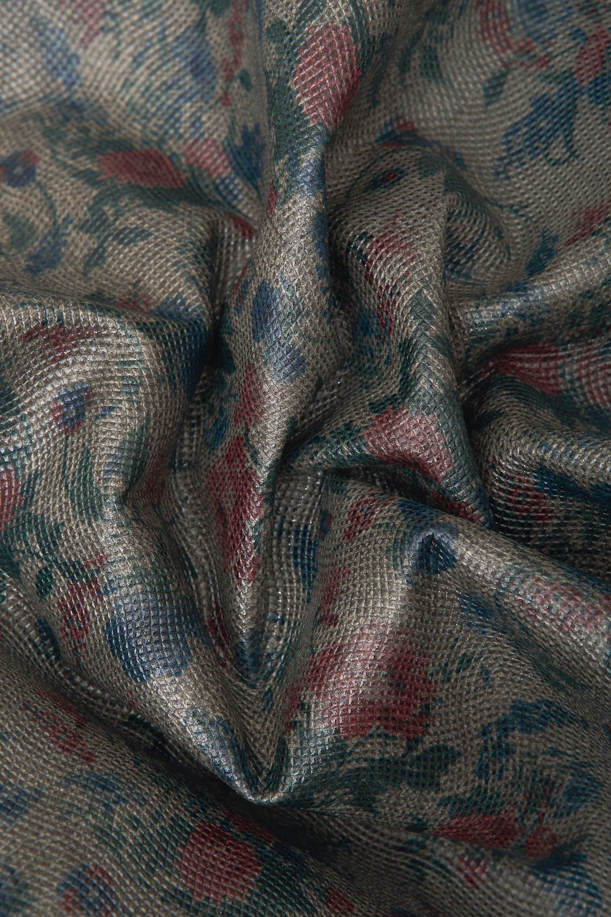Vintage floral printed leather hide, flower pattern micro grain green skin, retro style leather for bags craft B16550-ST