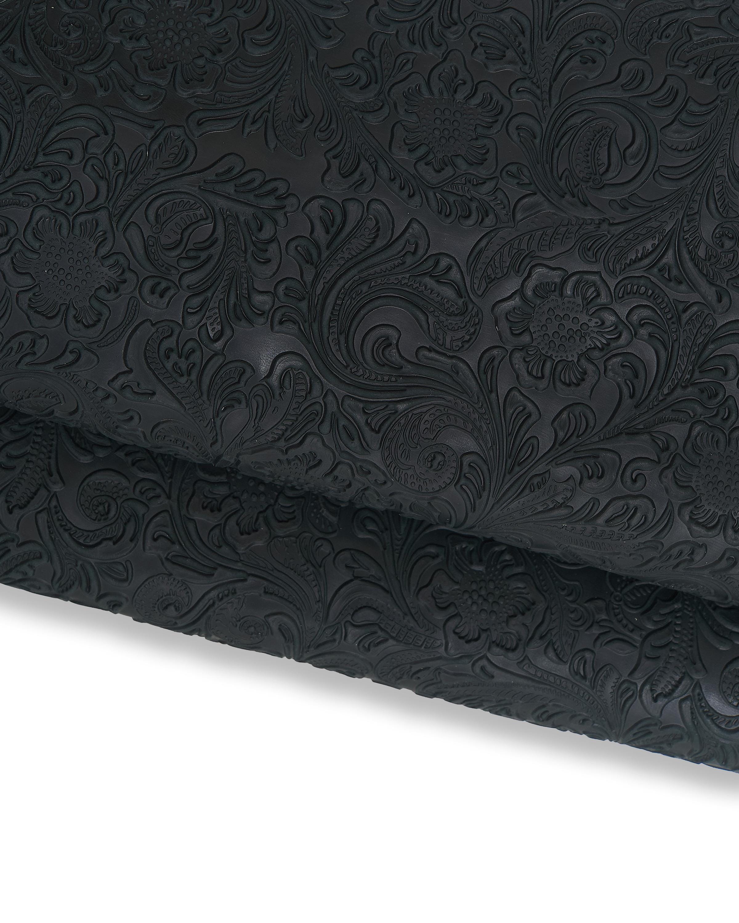 Dark green FLORAL embossed leather hide, CHARRO pattern on calfskin, flower print on semi stiff cowhide 1.0 - 1.2 mm B17234-ST La Garzarara