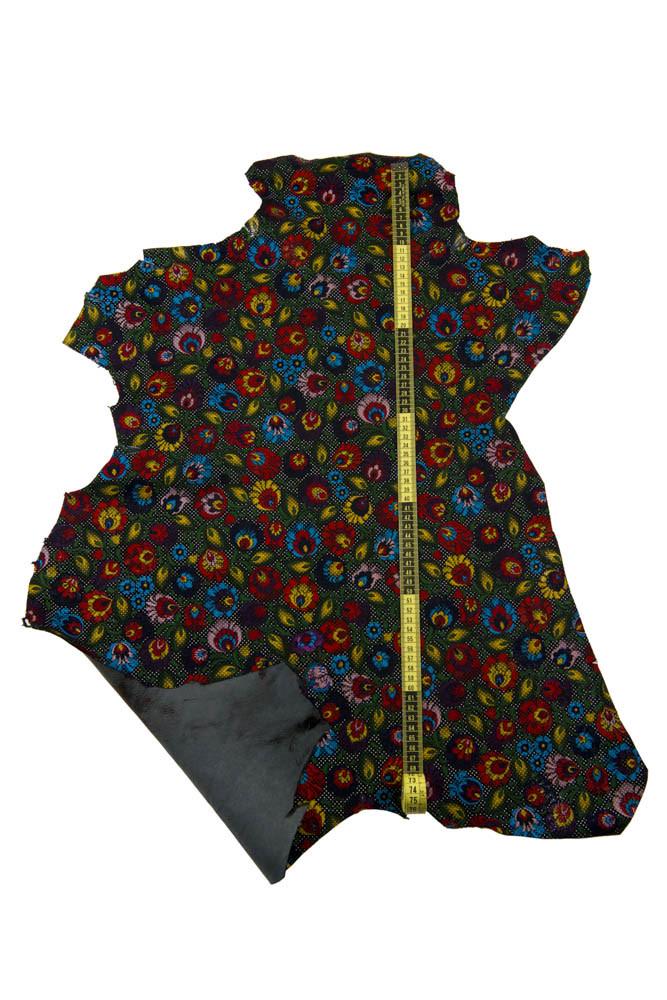 MULTICOLOR FLORAL textured leather skin, colorful glossy flower print on black suede goatskin, ideal for diy projects B17583-ST La Garzarara