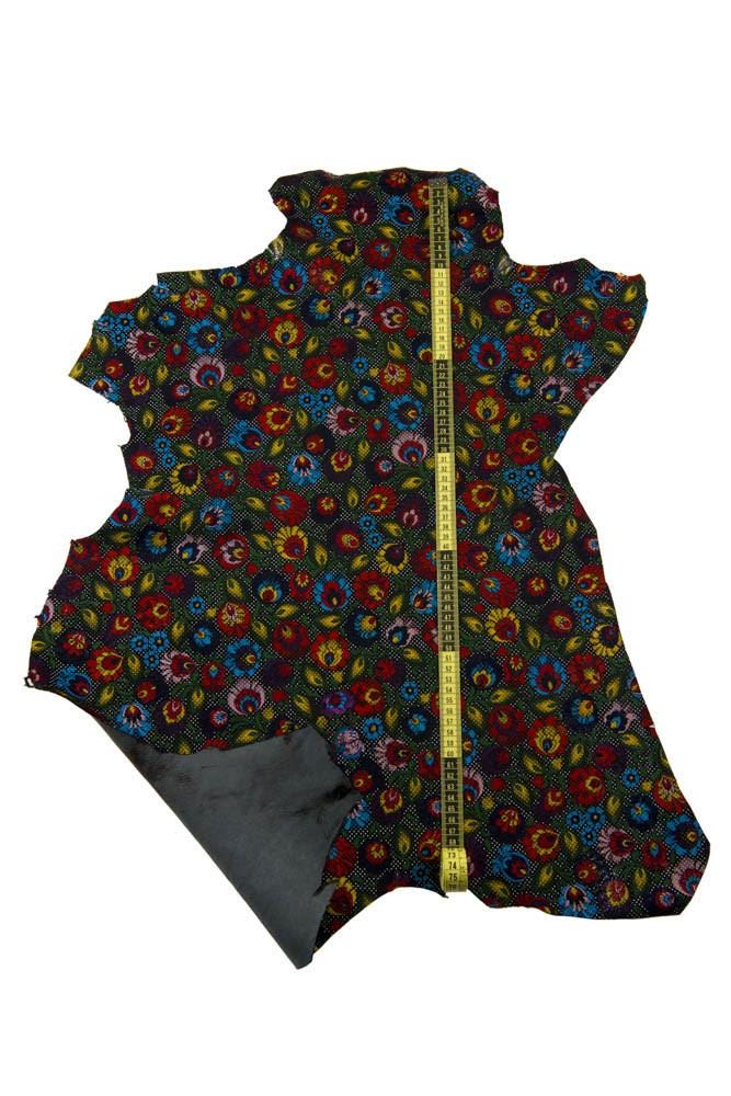 MULTICOLOR FLORAL textured leather skin, colorful glossy flower print on black suede goatskin, ideal for diy projects B17583-ST La Garzarara