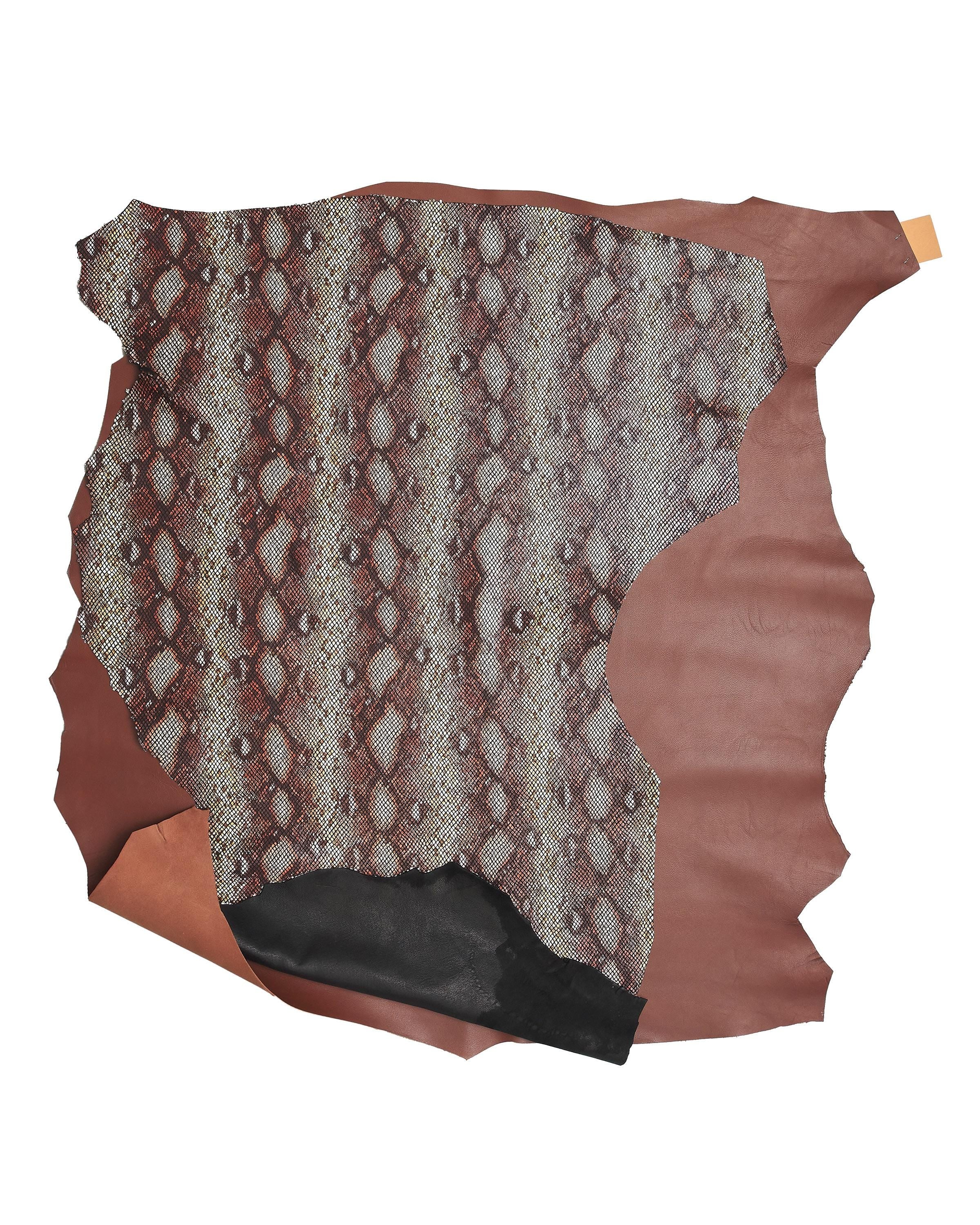 Brown PYTHON leather hide smooth and reptile embossed, warm cognac snake pattern textured skin full hides set B17168-ST La Garzarara