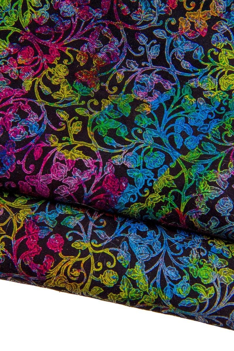Multicolor FLORAL textured leather skin, colorful flower print on black suede goatskin, ideal for crafting B17088-ST La Garzarara