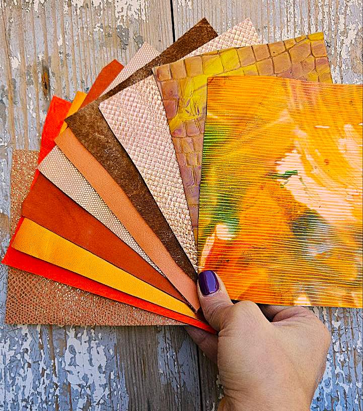 10 Variety Orange leather scraps, printed and metalic leather cut, textured metallic Offcuts RT268 La Garzarara