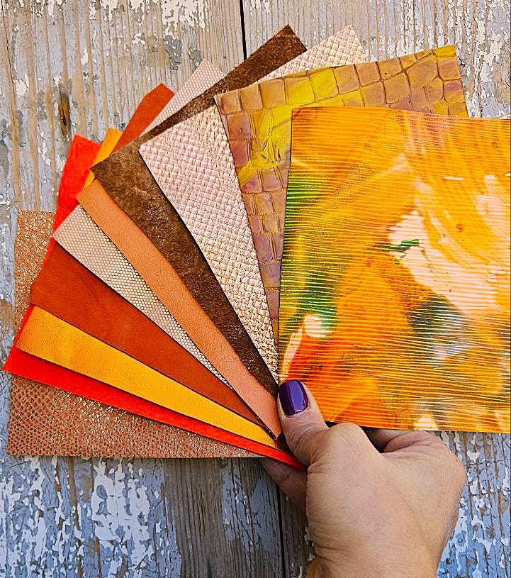 10 Variety Orange leather scraps, printed and metalic leather cut, textured metallic Offcuts RT268 La Garzarara
