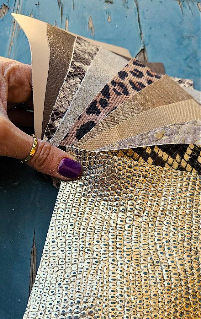 10 Selected leather scraps, BROWN and BEIGE tones, printed and metalic printed,mix selection leather pieces as per pictures RT269
