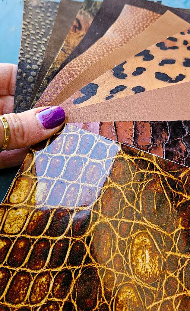 Cognac Brown Leather Pieces, Assorted Crocodile Print Scraps, Reptile Pattern Remnants and Bronze Offcuts RT270