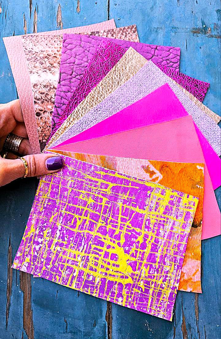 Fuchsia and Pink Leather Remnants, Lilac Gold Metallic Offcuts, Fancy Printed and Textured Pieces RT271