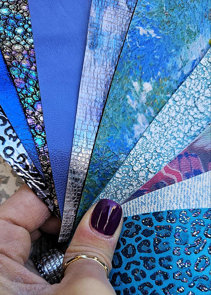 10 Selected leather scraps, BLUE, printed and metalic printed,mix selection leather pieces as per pictures RT277 La Garzarara