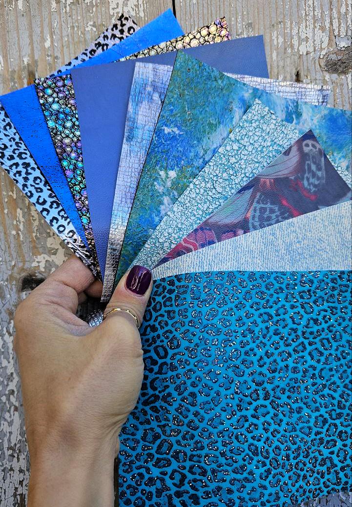 10 Selected leather scraps, BLUE, printed and metalic printed,mix selection leather pieces as per pictures RT277 La Garzarara