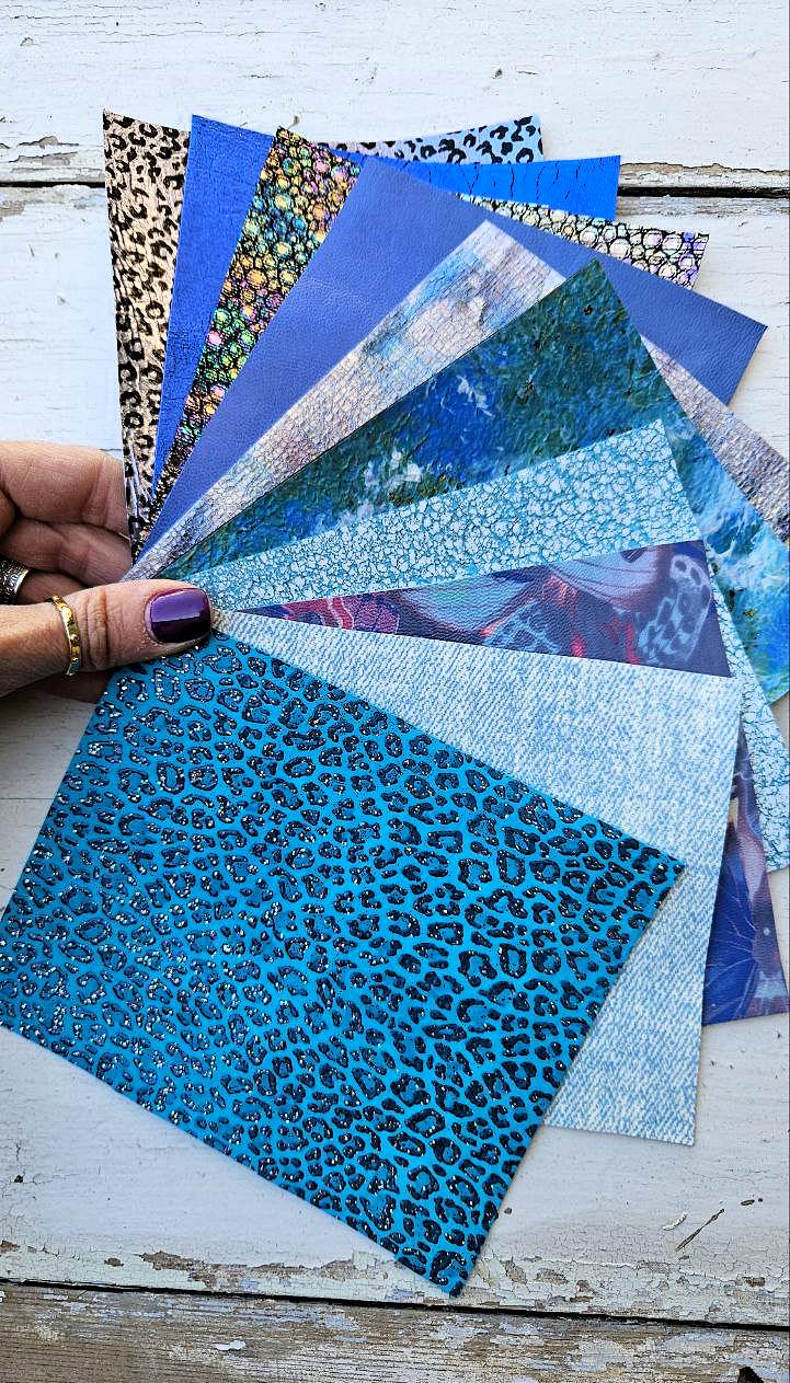 10 Selected leather scraps, BLUE, printed and metalic printed,mix selection leather pieces as per pictures RT277 La Garzarara