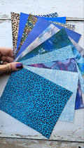 10 Selected leather scraps, BLUE, printed and metalic printed,mix selection leather pieces as per pictures RT277 La Garzarara