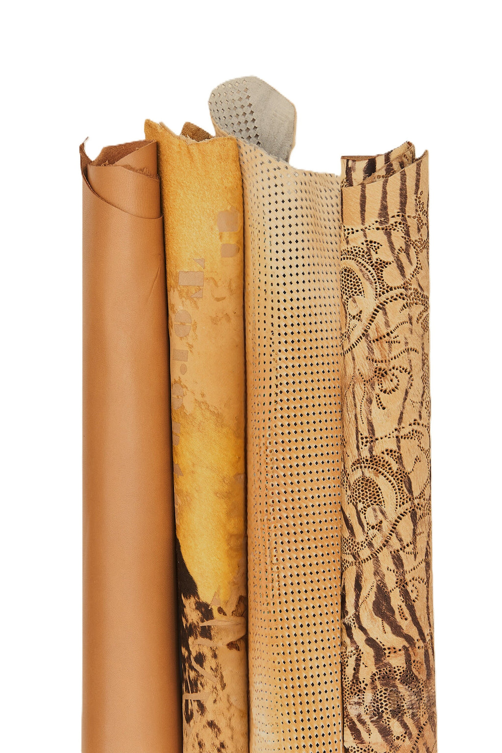 3 Pony hair leather hides beige natural, printed perforated hair on hide, sand honey pattern leather and 1 beige lamb nappa skinB16599-CV