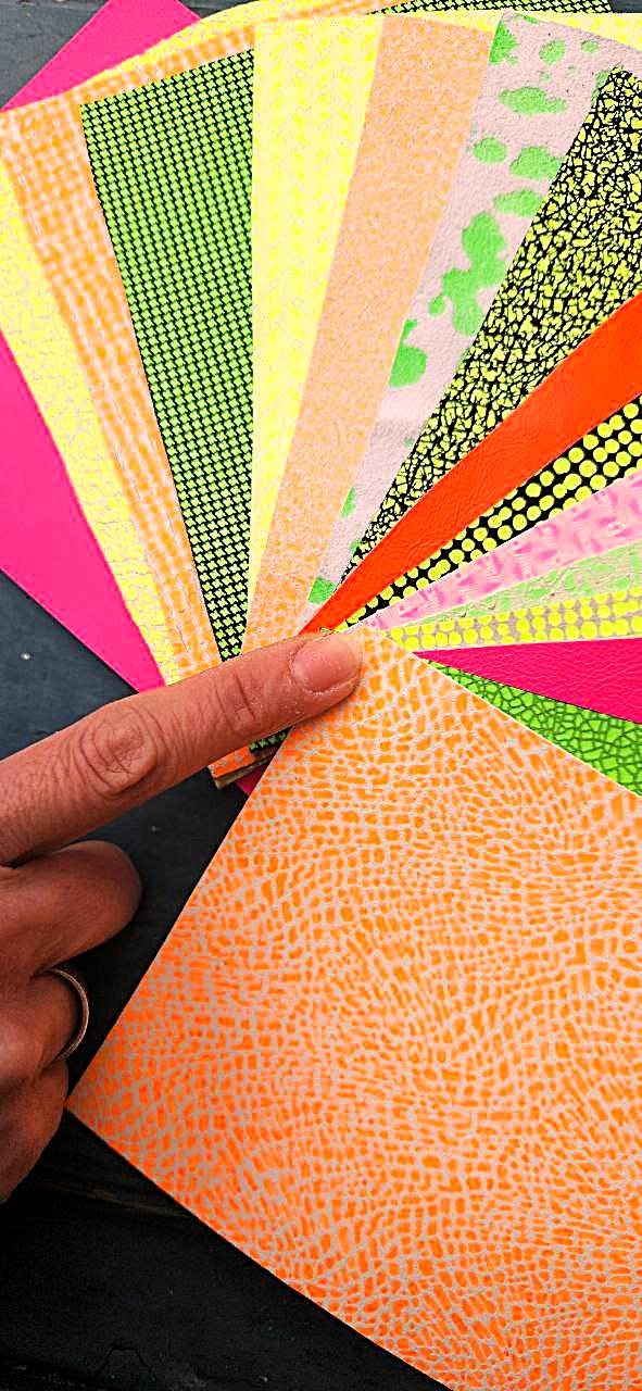 10 Leather scraps, NEON tones, random selection , printed and solid colors remnants, 6x5 inches/15x12 cm RT281 La Garzarara