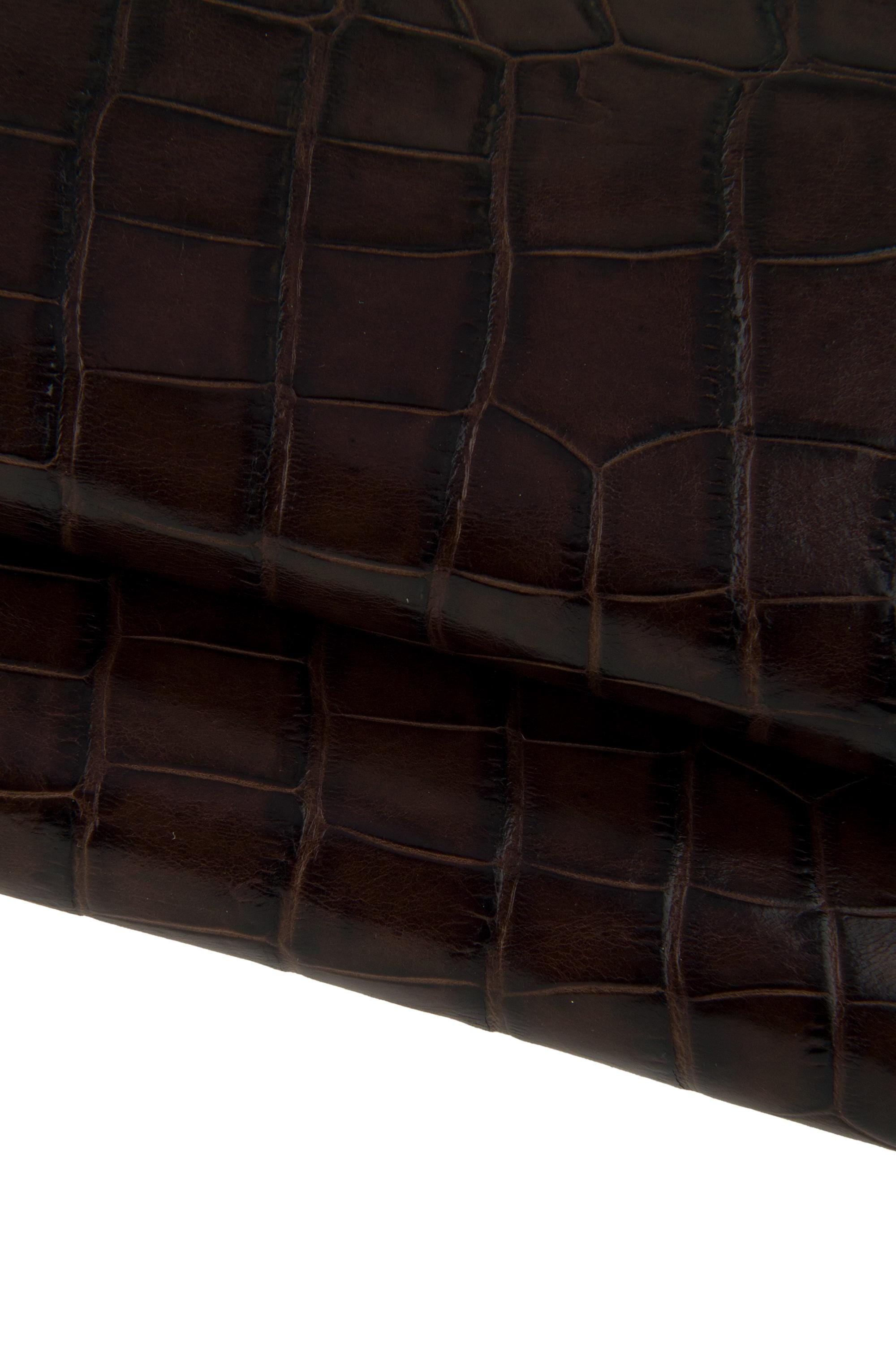 Brown CROCODILE embossed leather hide, animal printed glossy calfskin, stiff cowhide 0.8 - 1.0 mm B17465-ST La Garzarara