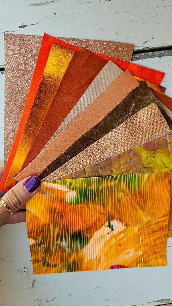10 Variety Orange leather scraps, printed and metalic leather cut, textured metallic Offcuts RT268 La Garzarara