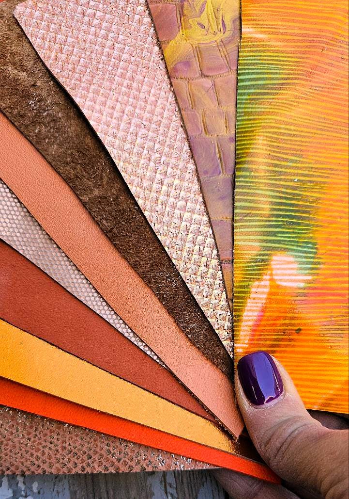 10 Variety Orange leather scraps, printed and metalic leather cut, textured metallic Offcuts RT268 La Garzarara