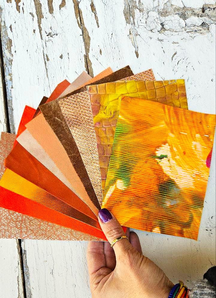 10 Variety Orange leather scraps, printed and metalic leather cut, textured metallic Offcuts RT268 La Garzarara