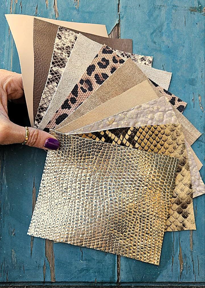 10 Selected leather scraps, BROWN and BEIGE tones, printed and metalic printed,mix selection leather pieces as per pictures RT269