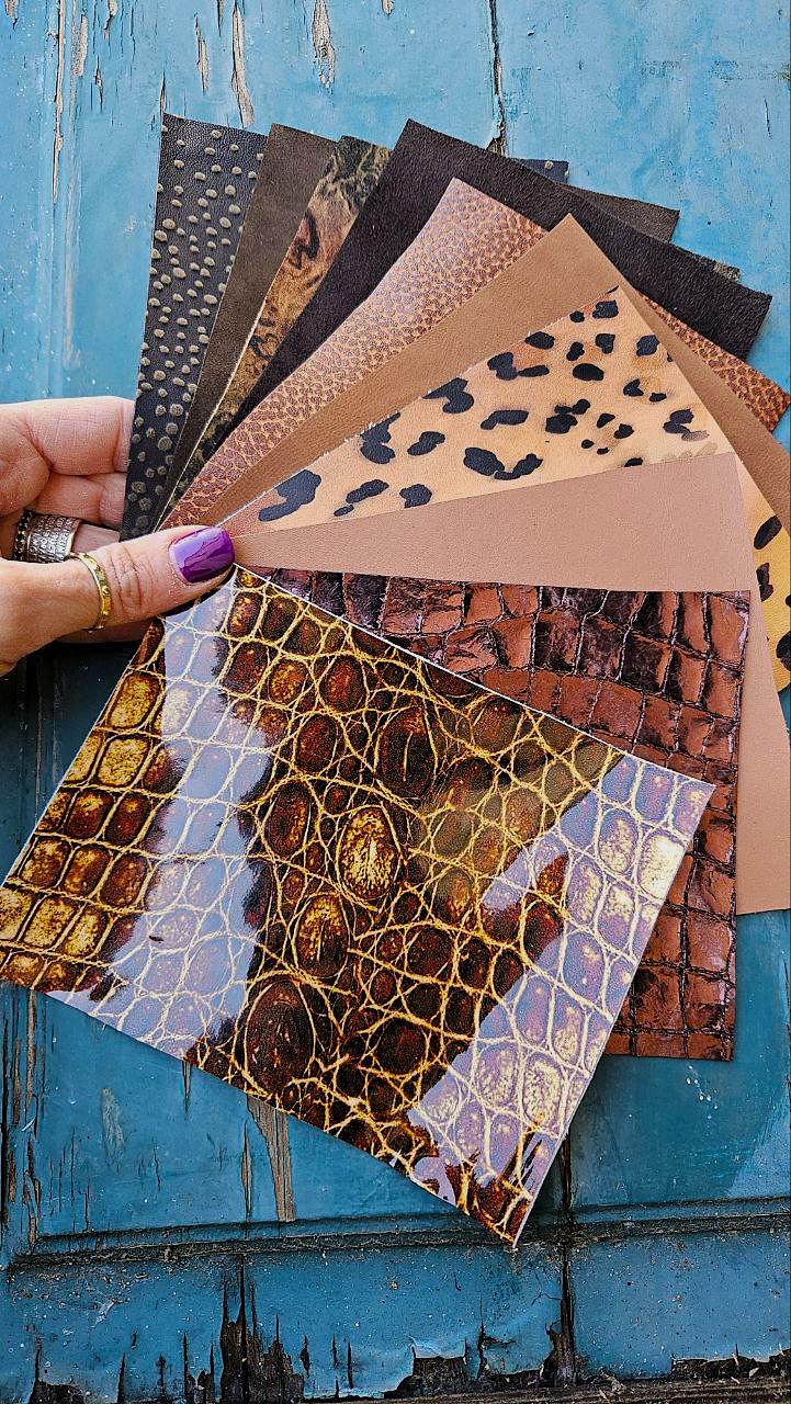 Cognac Brown Leather Pieces, Assorted Crocodile Print Scraps, Reptile Pattern Remnants and Bronze Offcuts RT270