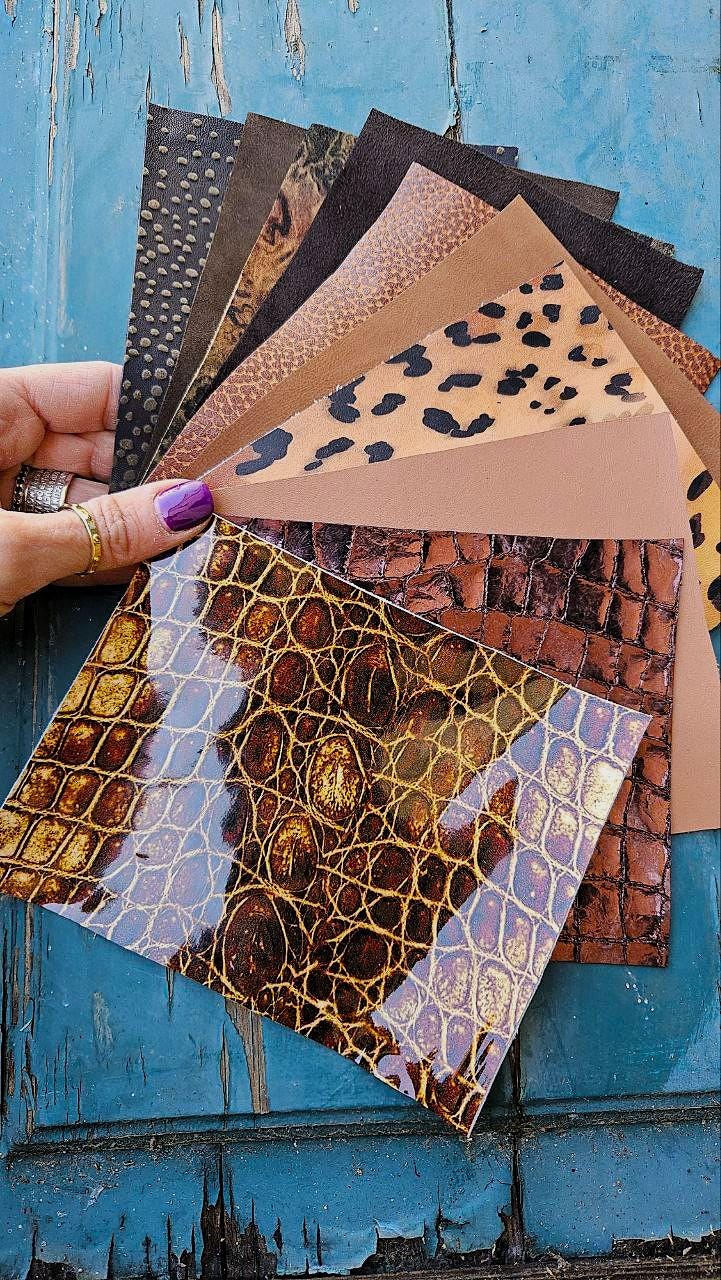 Cognac Brown Leather Pieces, Assorted Crocodile Print Scraps, Reptile Pattern Remnants and Bronze Offcuts RT270