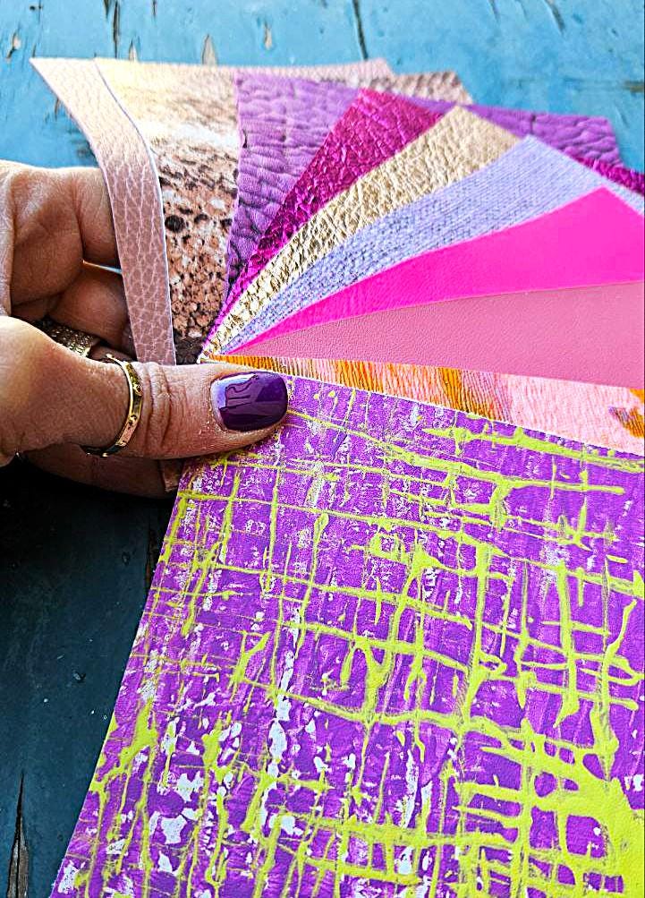 Fuchsia and Pink Leather Remnants, Lilac Gold Metallic Offcuts, Fancy Printed and Textured Pieces RT271
