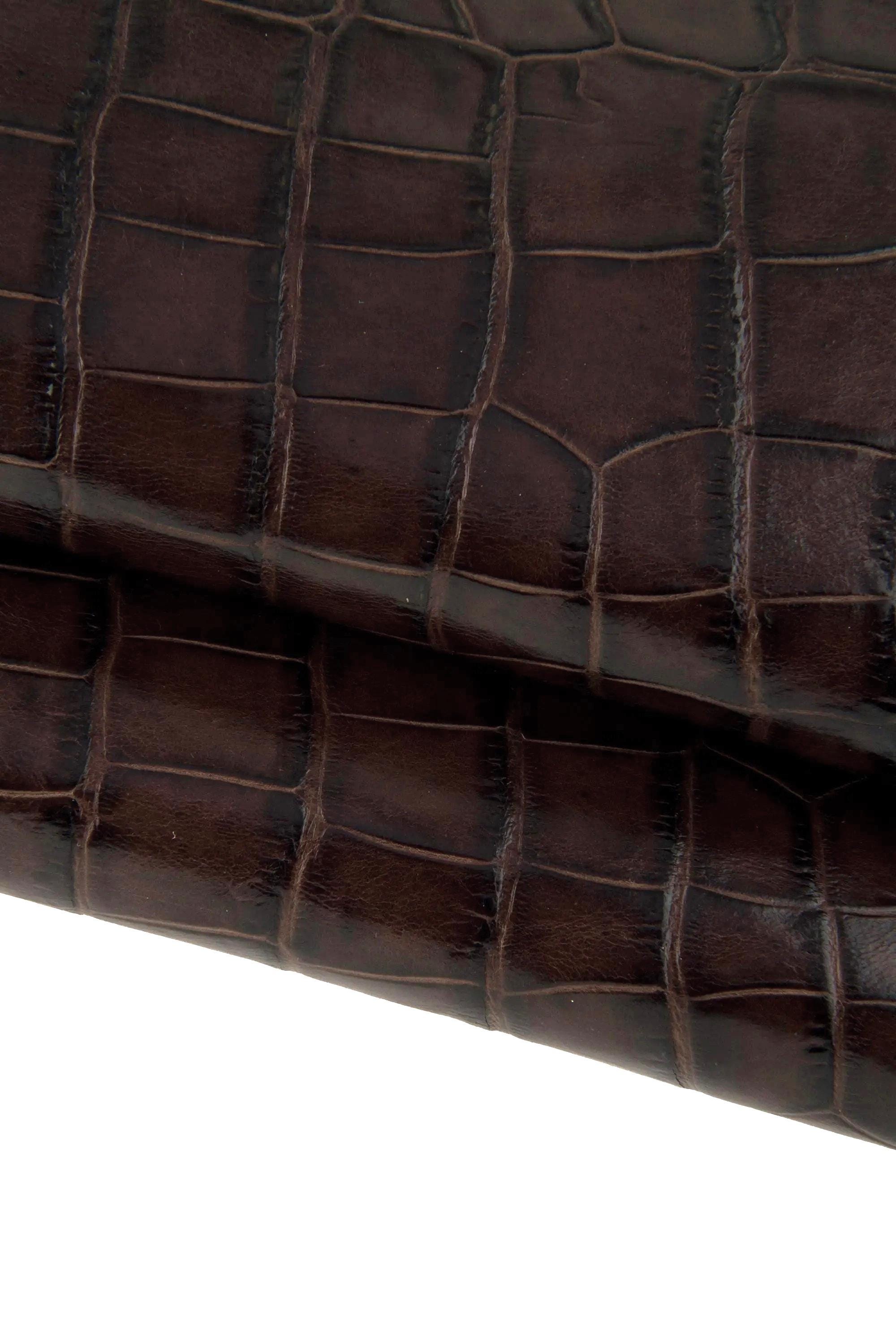 Brown CROCODILE embossed leather hide, animal printed glossy calfskin, stiff cowhide 0.8 - 1.0 mm B17465-ST La Garzarara
