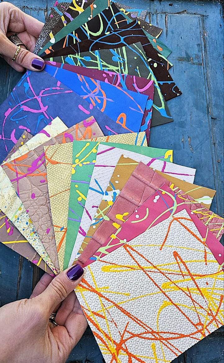 10 Multicolor Leather scraps, pollock painted offcuts, random selection, selected from the colors of the photos 6x5" / 15x12 cm RT281