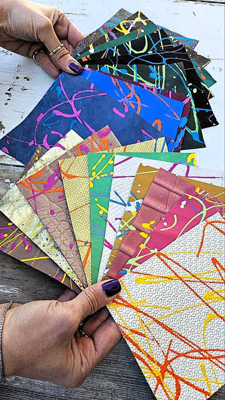 10 Multicolor Leather scraps, pollock painted offcuts, random selection, selected from the colors of the photos 6x5" / 15x12 cm RT281